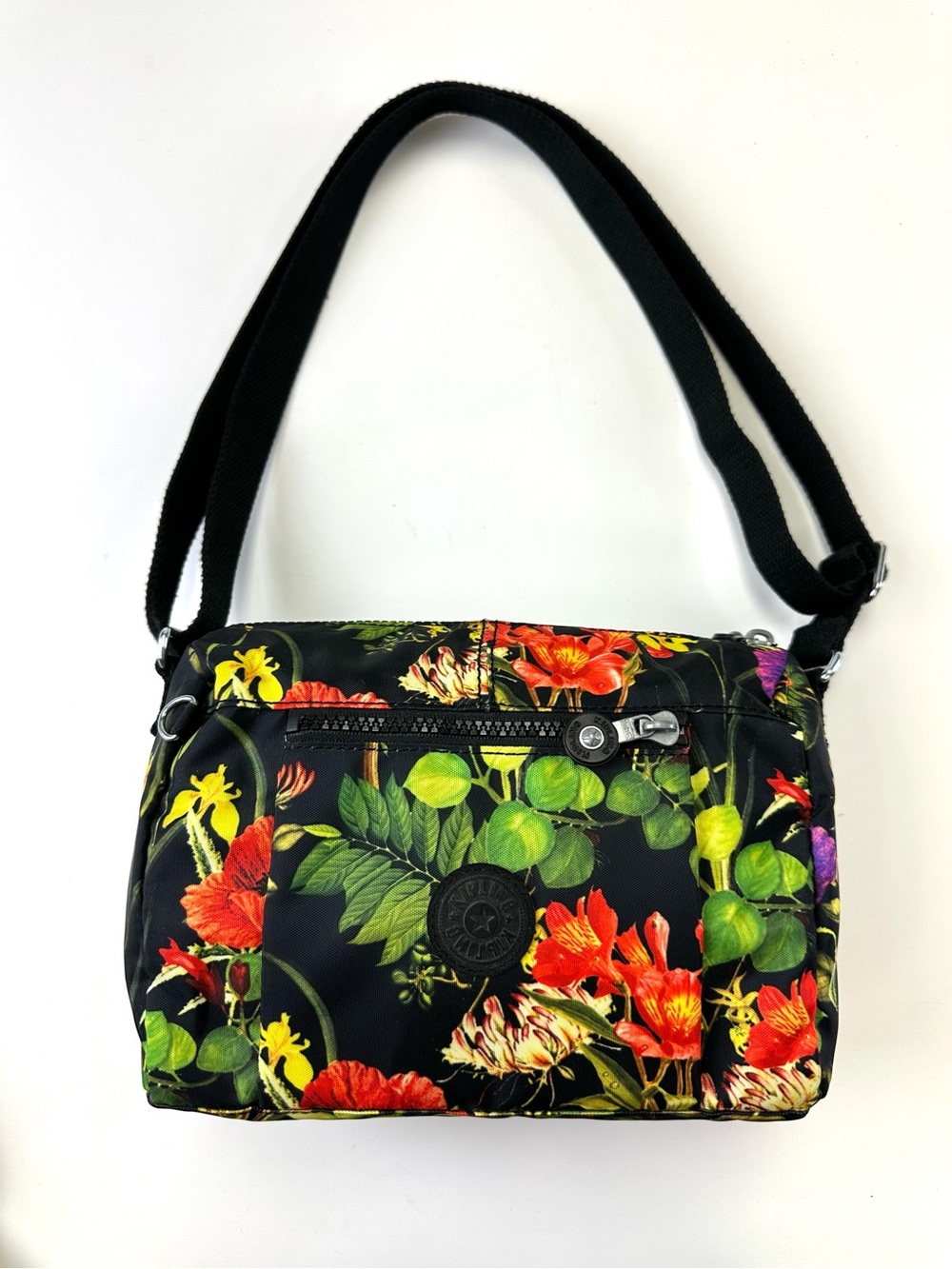 Kipling Botanical Floral Nylon Crossbody Bag Black Multicolour Adjustable Strap